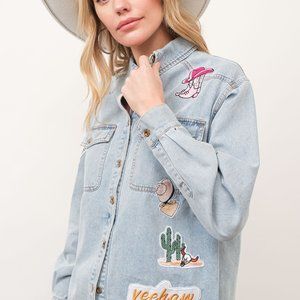 Washed Chambray Western Patch Button Up Top
